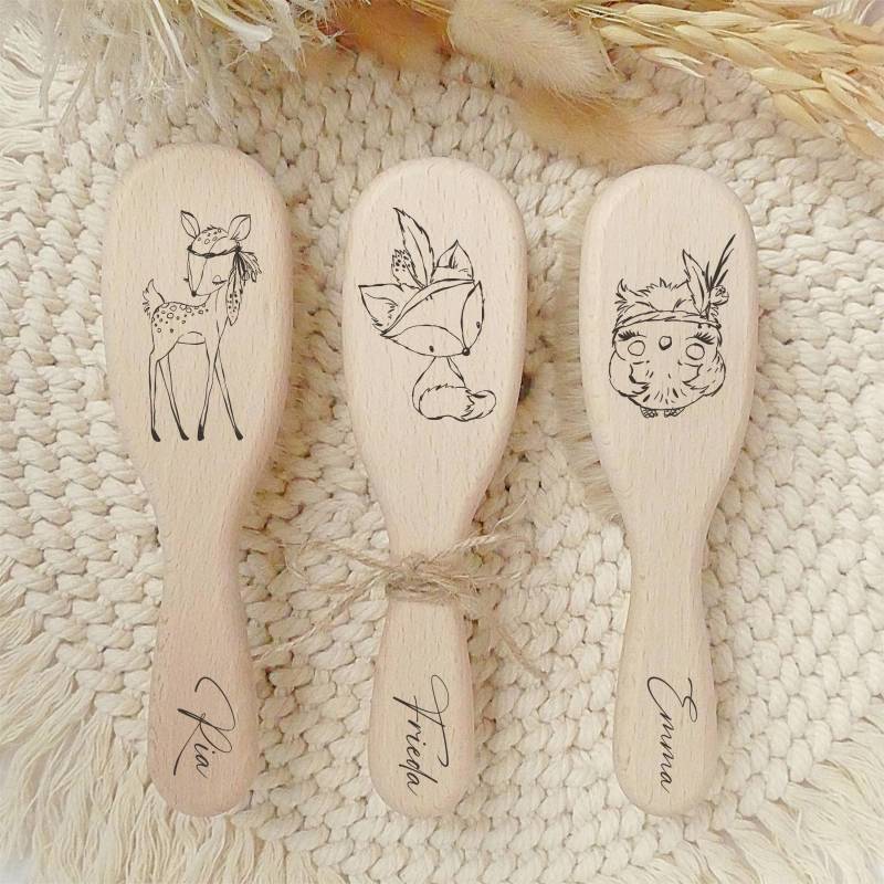 Personalisierte Babyhaarbürste, Ziegenhaar, Bürste Für Babys, Holzbürste, Geschenk Zur Geburt, Fsc-Zertifiziertes Holz, Tiere, Reh, Fuchs von Etsy - MiaMaralina