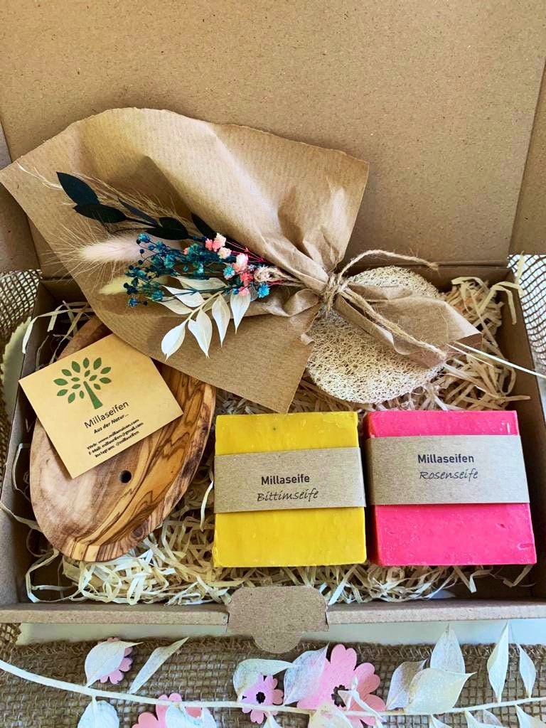 Kamille Geschenkbox - Handgemachte Olivenölseife Festes Shampoo von Etsy - Millaseifen