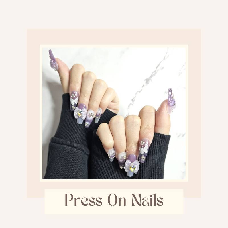 Lila Fairycore Press On Nails Mit 3D-Bögen, Schmetterlingen Und Edelsteinakzenten, Wiederverwendbares Kawaii-Nagelset, Jelly Ballerina-Nägel von Etsy - MooreaCie