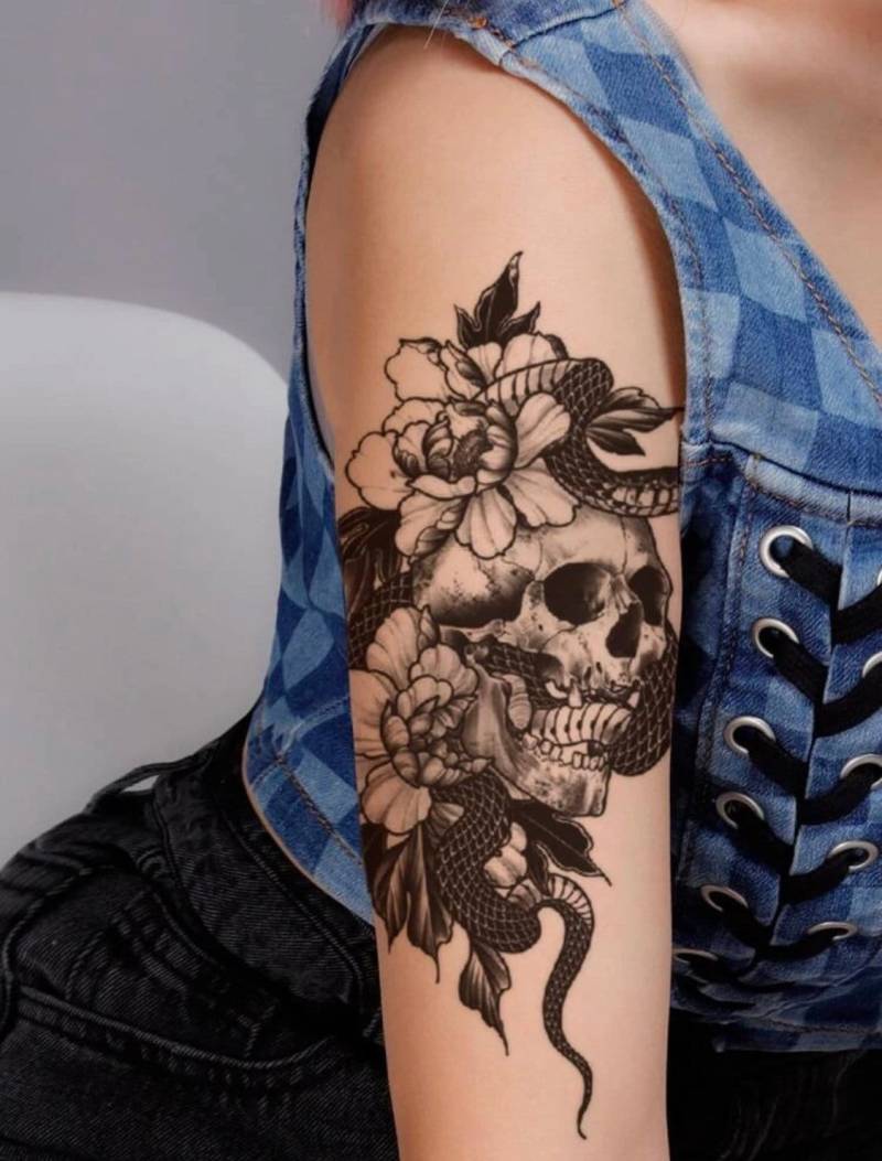 Blumen Schädel + Schlange Temporäres Tattoo - Aufkleber Tier Ärmel Für Frauen Männer Unisex Traditionelle Tattoos von Etsy - MorningStarSupplyCo