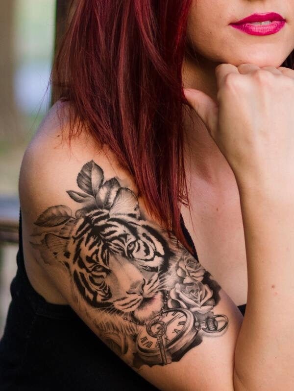 Florales Tiger Und Uhr Tattoo - Tier Tattoos Natur Festival Fake Sleeve Für Frauen Männer Unisex von Etsy - MorningStarSupplyCo