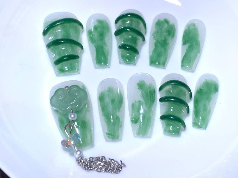 Grüner Ink Splash Press-On Nails/Ganoderma Nägel/Ombre Nagel/Y2K Drücken Sie Auf Die Nägel/Süße Nägel/Handbemalte Nägel von Etsy - MouadDesignWaren