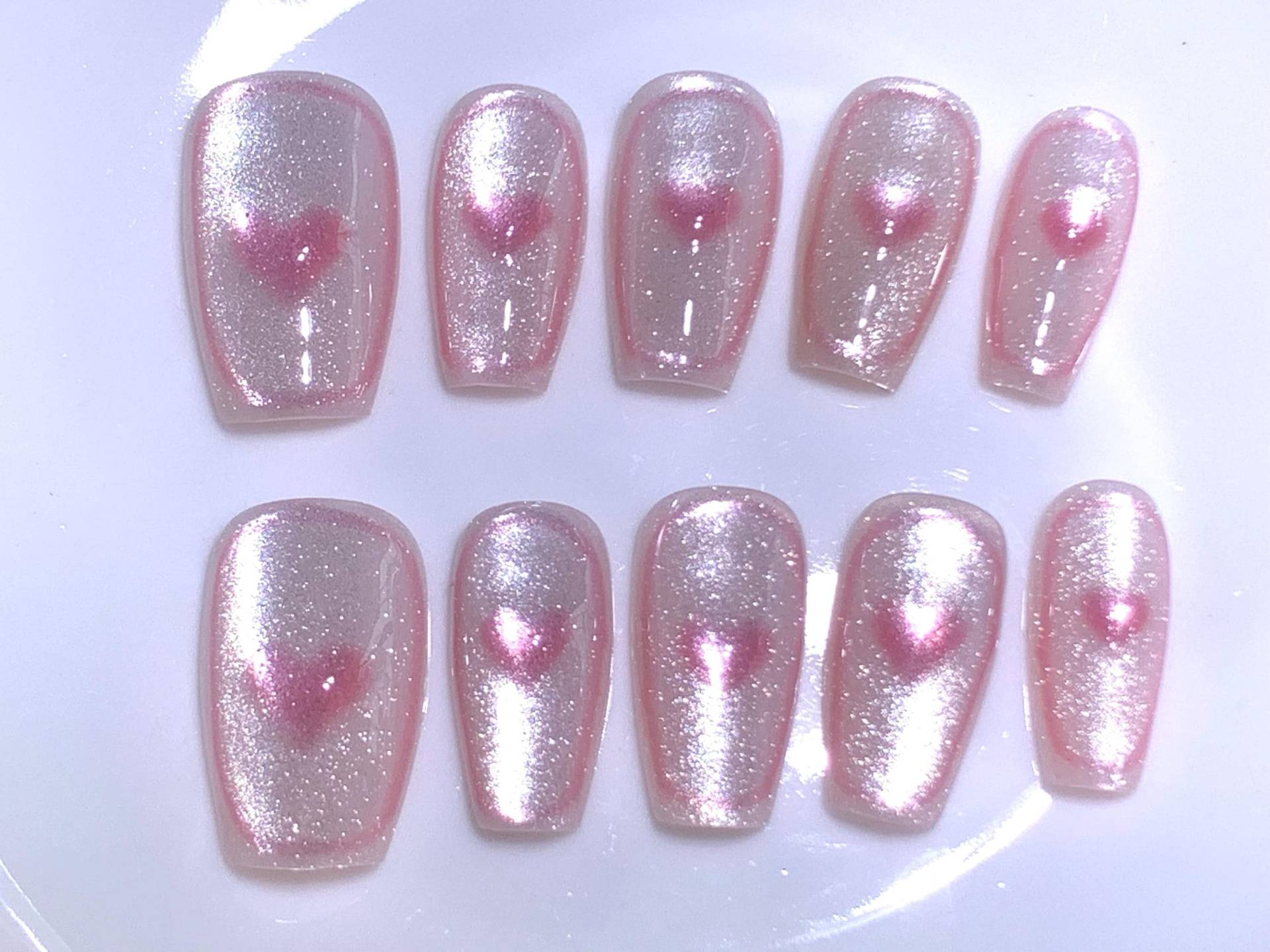 Handgefertigte Pfirsich Rosa Herz Kristall Katzenauge Glitter Cute Press On Nails Katzenaugen-Nägel Nägel Glitzer-Nägel Herz-Nägel Süße von Etsy - MouadDesignWaren