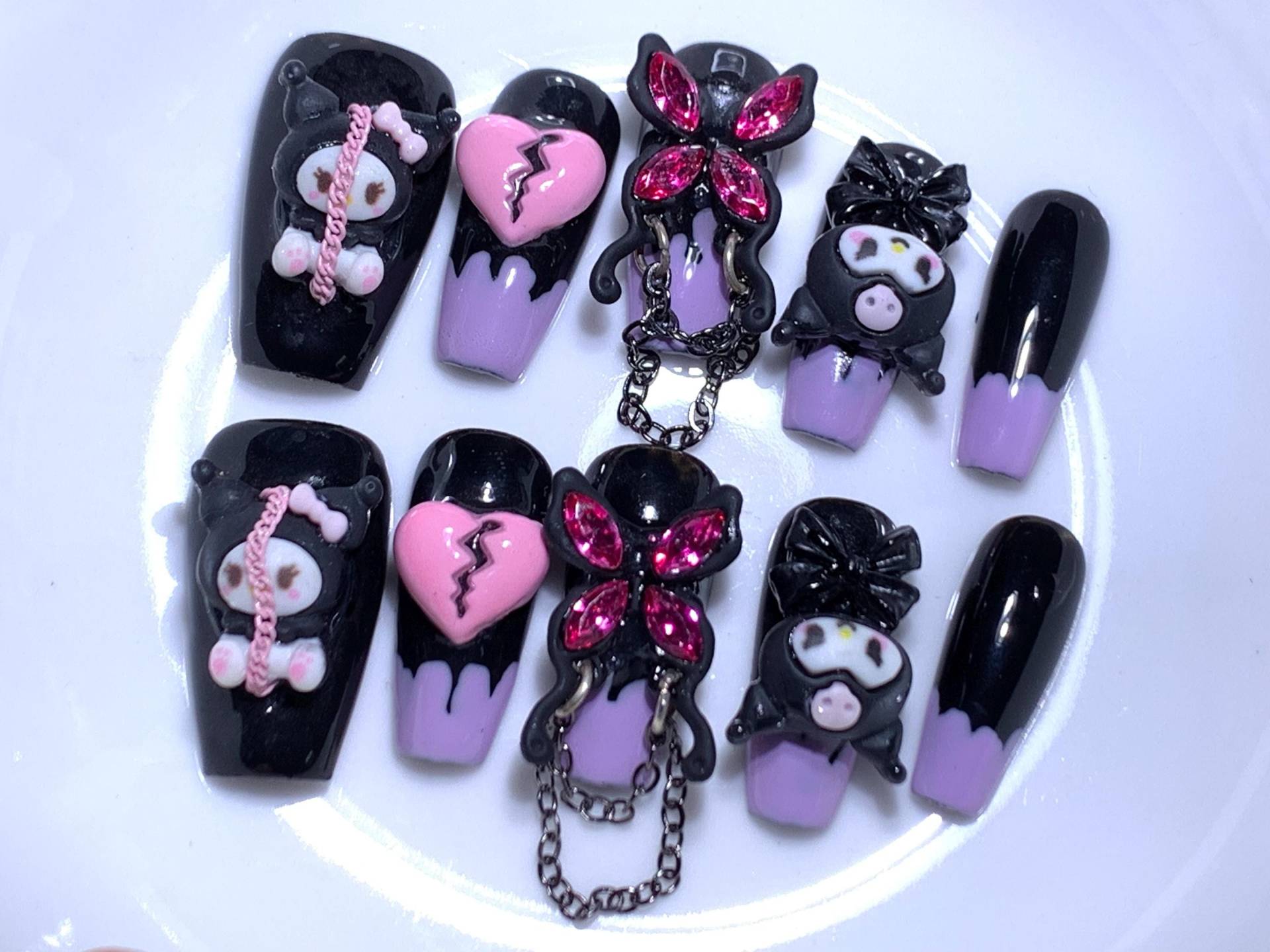 Handgemachte Kuromii Herz Kette Schwarz Lila Süße Press On Nails Kawaii Nägel Y2K von Etsy - MouadDesignWaren