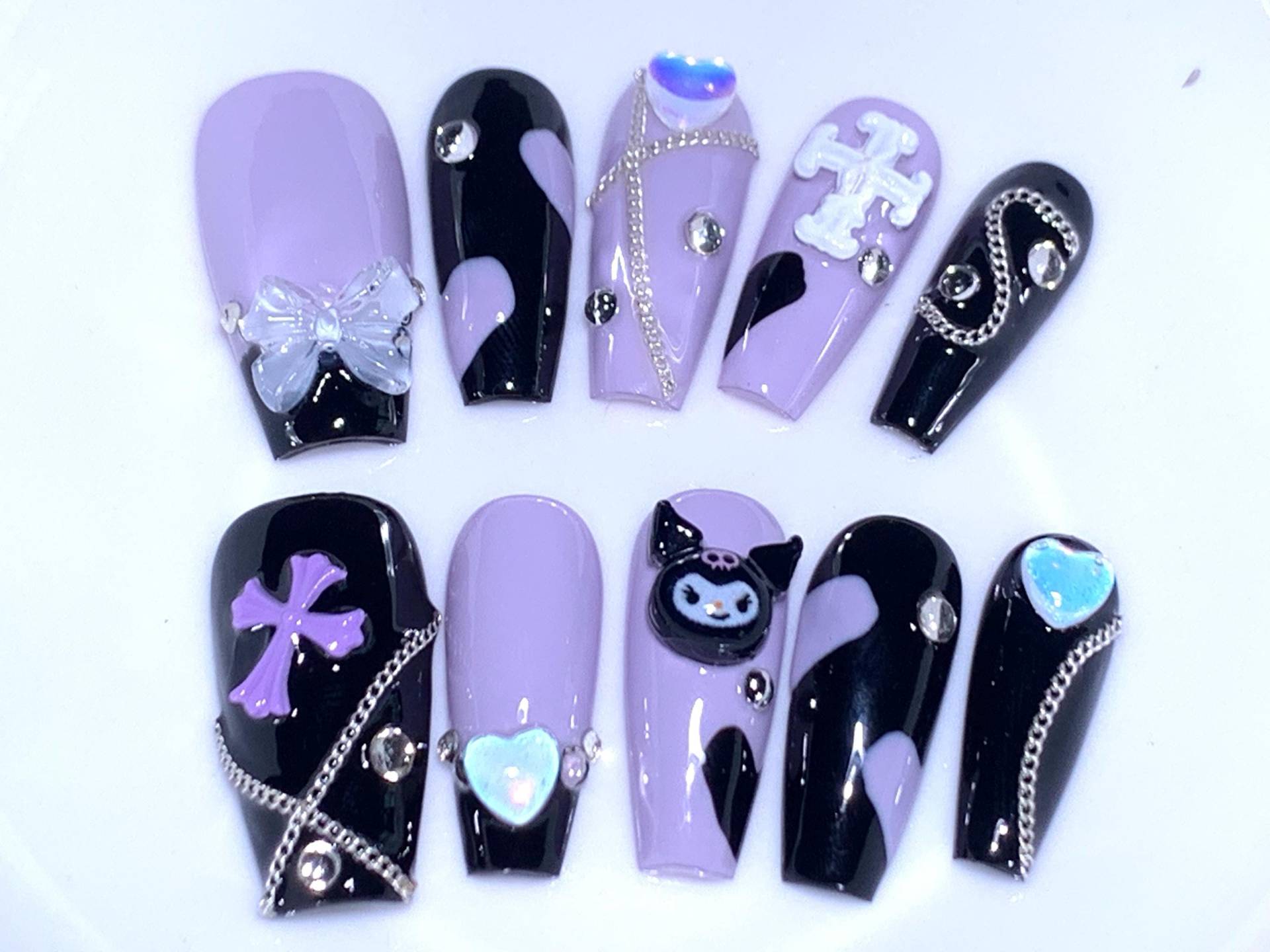 Handgemachte Kuromii Herz Kette Schwarz Lila Süße Press On Nails Kawaii Nägel Y2K von Etsy - MouadDesignWaren