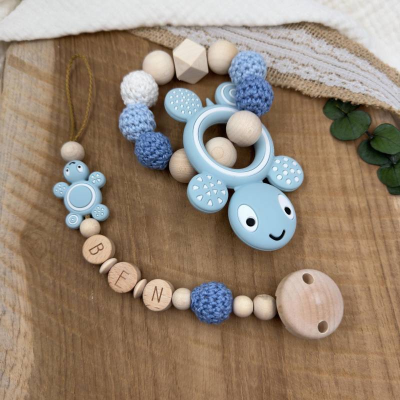 Schnullerkette | Greifling Greifring Schildkröte Blau Baby Junge Geburtsgeschenk Set Babygeschenk Silikon Mit Name von Etsy - Mullitante