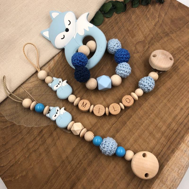 Schnullerkette Mit Name | Greifling Greifring Fuchs Blau Baby Junge Set Geburtsgeschenk Babygeschenk Silikon Taufe von Etsy - Mullitante