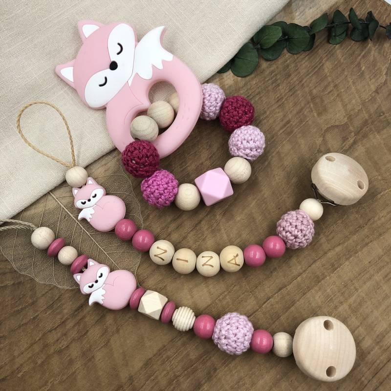 Schnullerkette Mit Name | Greifling Greifring Fuchs Rosa Baby Set| Mädchen Geburtsgeschenk Babygeschenk Silikon Taufe von Etsy - Mullitante