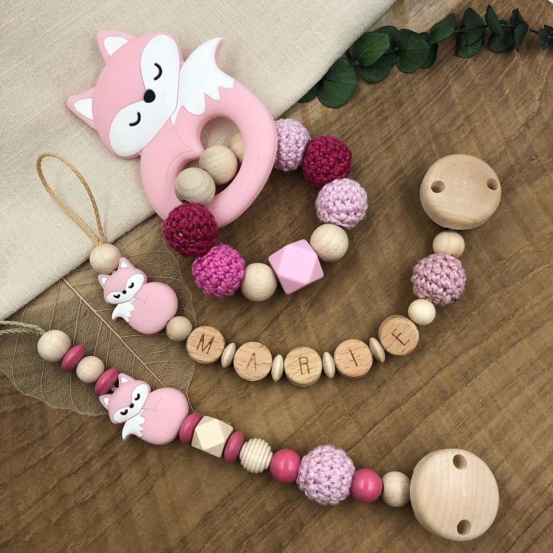 Schnullerkette Mit Name | Greifling Greifring Fuchs Rosa Baby Set Mädchen Geburtsgeschenk Babygeschenk Silikon Taufe von Etsy - Mullitante