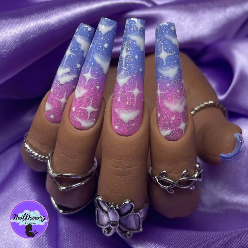 Cloud & Stars Press On Nails, Ombre-Nägel, Blau Und Rosa, Sargnägel, Stiletto-Nägel, Glitzernägel von Etsy - NailDreamzbyAisha