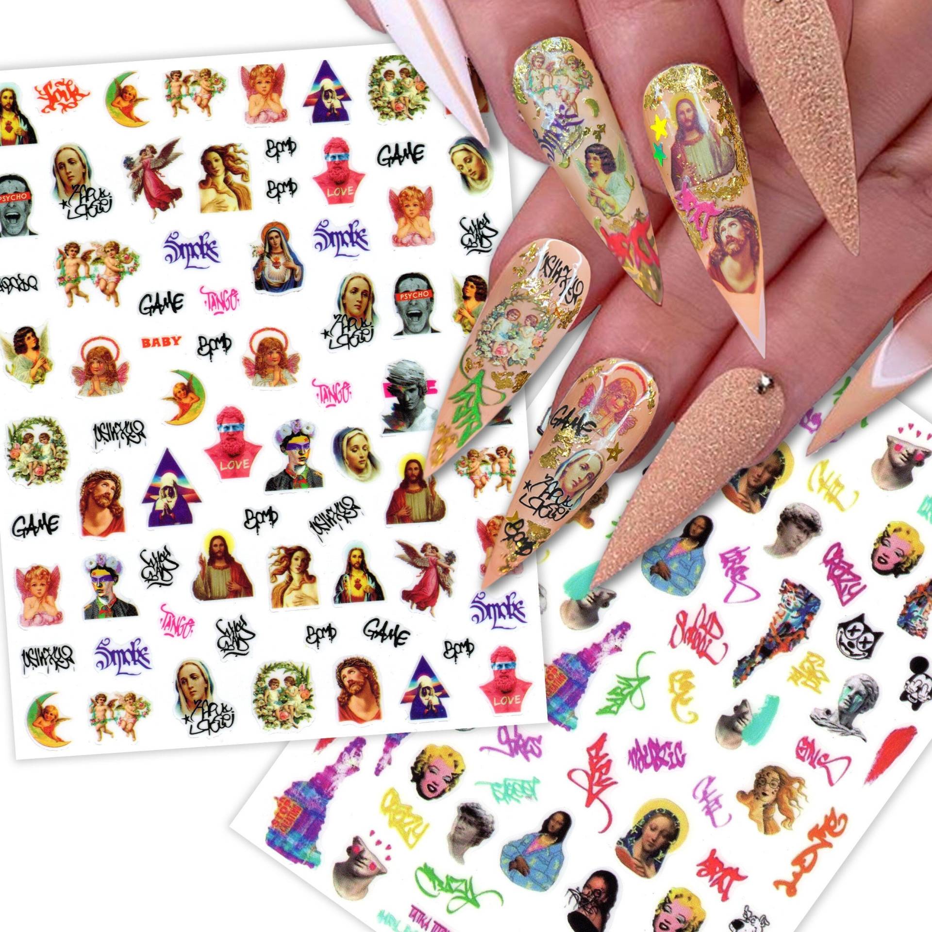 2 Blatt Classic Trifft Pop Art Nagelsticker | Street Graffiti Clip Engel Cherub Saint Mary Mona Lisa Nägel Selbstklebende Nagelabziehbilder von Etsy - NailQueenNYC