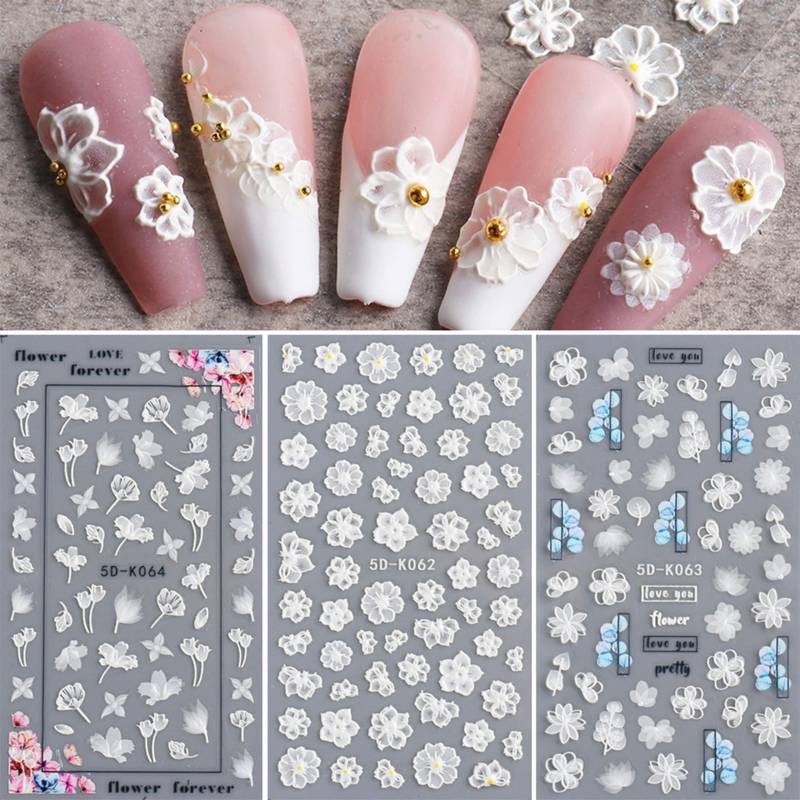 3 Blatt 5D Geprägte Blumen Nail Art Aufkleber | Kirschblüten Blütenblätter Selbstklebende Nagelabziehbilder | Suche Nach "5D" Für Weitere Artikel von Etsy - NailQueenNYC