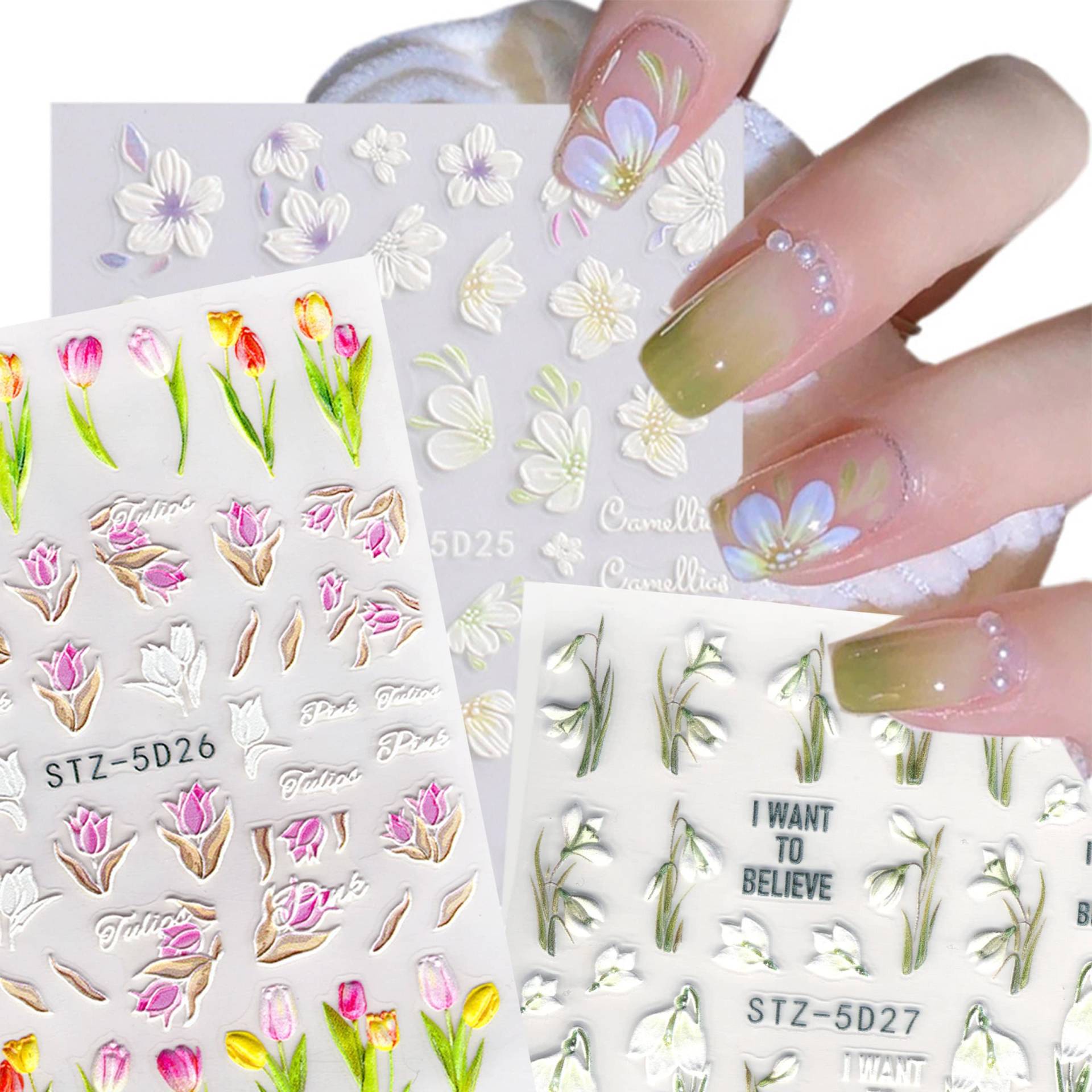 3 Bögen 5D Geprägte Blütenblätter Tulpen Weiße Blumen Nail Art Sticker | Selbstklebende Nagelabziehbilder | Suchen Sie "5D" Für Weitere Artikel von Etsy - NailQueenNYC