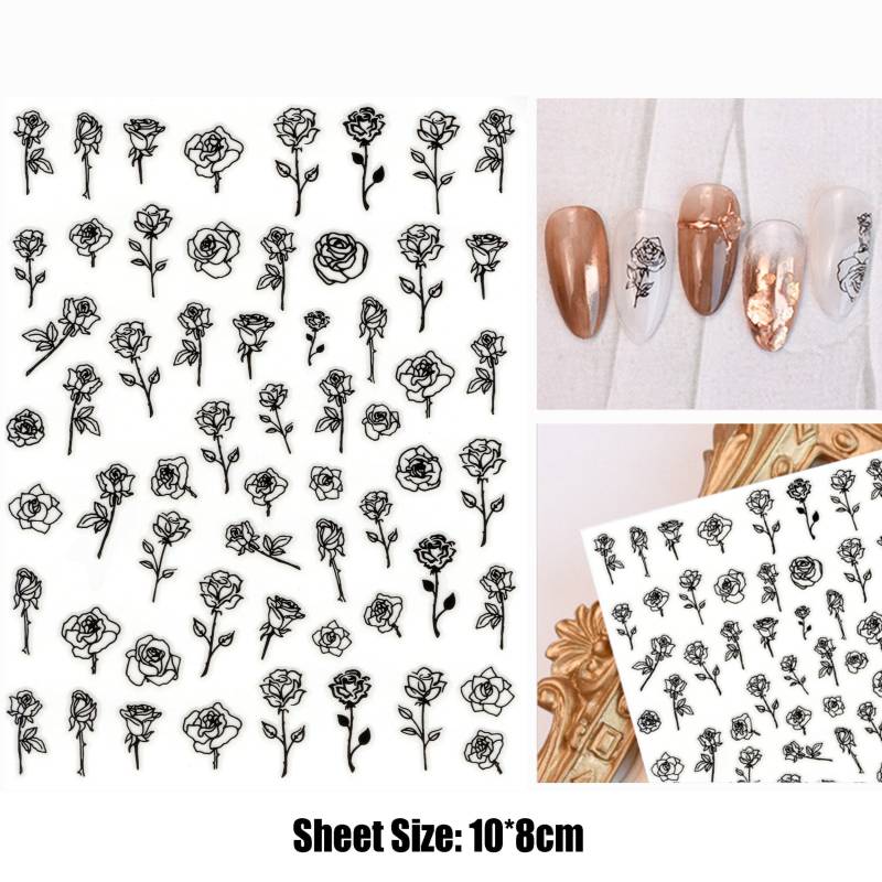 3D Schwarz, Weiß & Gold Rosen Nail Art Aufkleber | Mit Langen Stielen Nagel Decals Selbstklebender, Einfach Anzubringender Peel Off Sticker von Etsy - NailQueenNYC