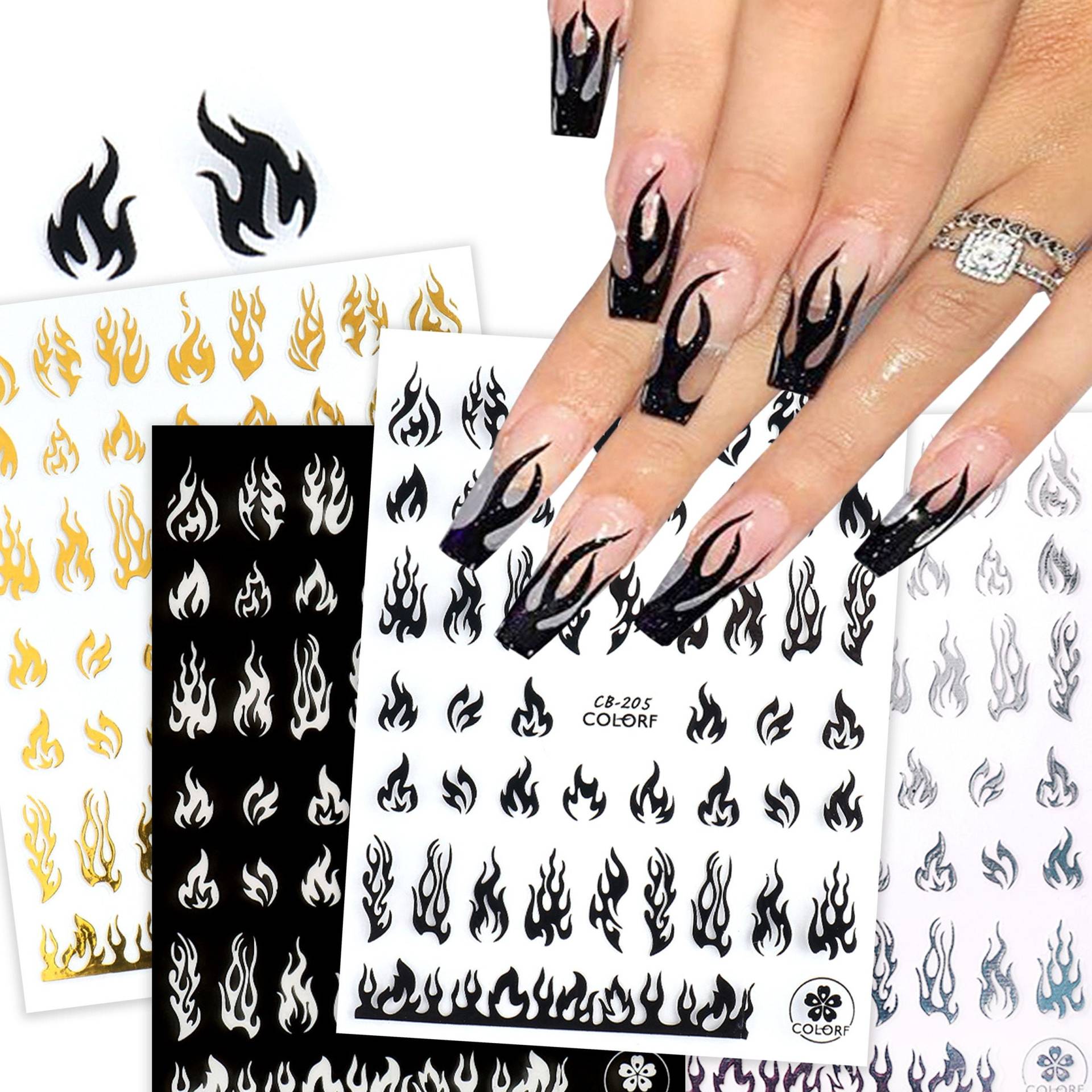 4 Blatt Feuer Flammen Nail Art Sticker - Schwarz, Weiß, Gold & Silber 3D Holographic Flame Decals Zubehör von Etsy - NailQueenNYC