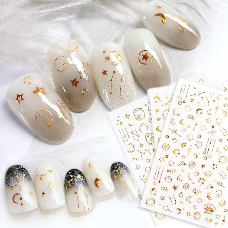 4 Blatt Gold Sterne Mond Nail Art Sticker | 3D Laser Konstellation Celestial Sternzeichen Nägel Selbstklebende Nagelabziehbilder von Etsy - NailQueenNYC