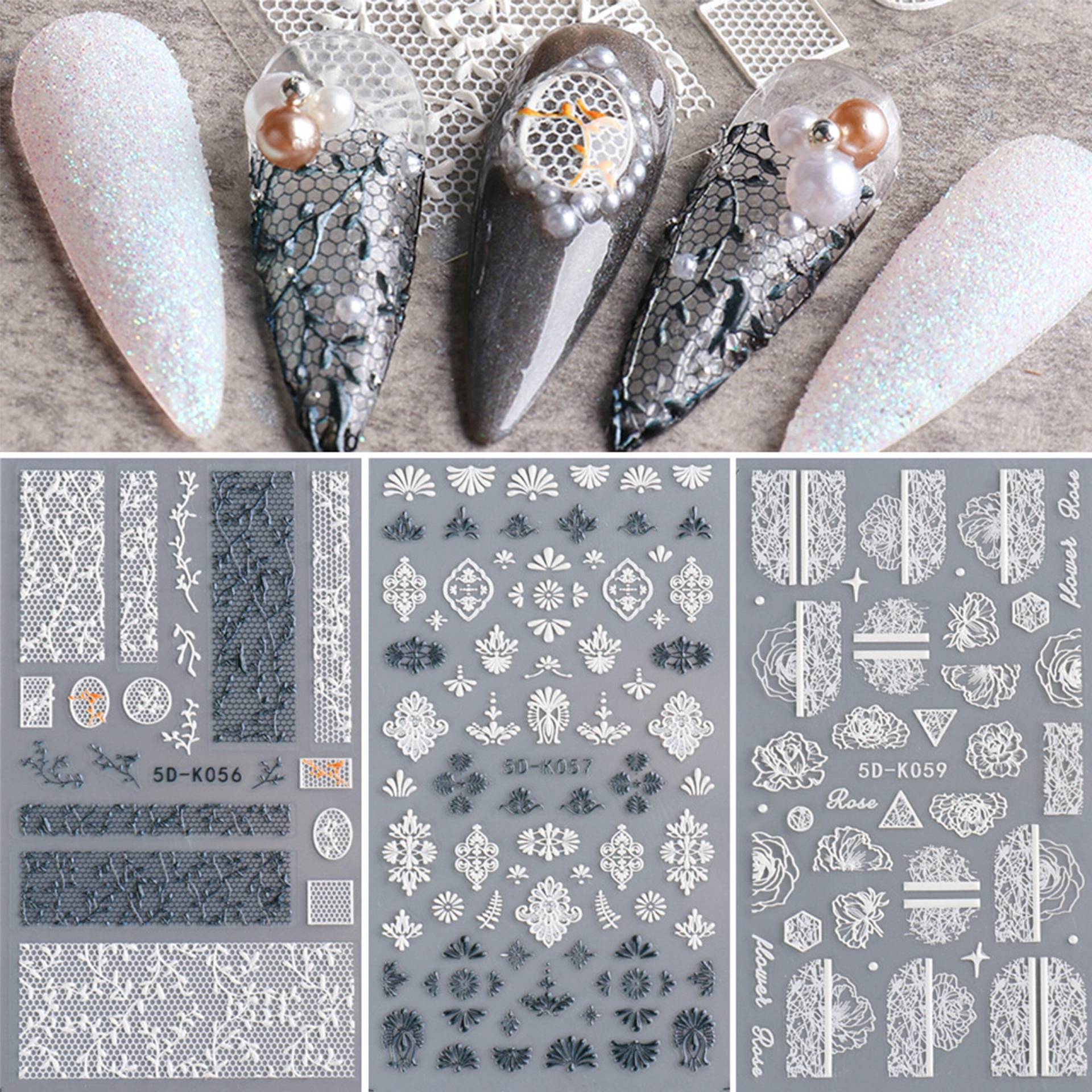 4 Sheets 5D White/Black Lace Nail Art Aufkleber | Boho Henna Embossed Rose Selbstklebende Nagelabziehbilder | Suche Nach "5D" Für Weitere Artikel von Etsy - NailQueenNYC