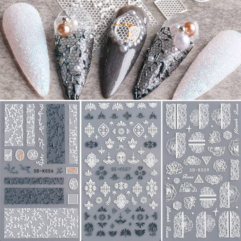 4 Sheets 5D White/Black Lace Nail Art Aufkleber | Boho Henna Embossed Rose Selbstklebende Nagelabziehbilder | Suche Nach "5D" Für Weitere Artikel von Etsy - NailQueenNYC