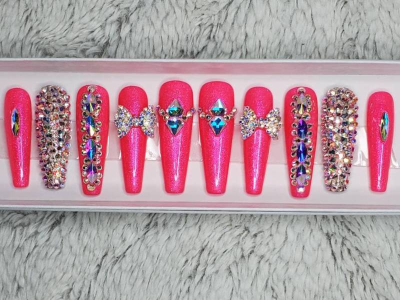 Super Bling Heiße Rosa Glitzer Nägel Extra Langen Sarg in Stiletto Quadrat & Oval Eislange Barbie Kristall Diamant Luxus Presse Auf von Etsy - NailedByRachel