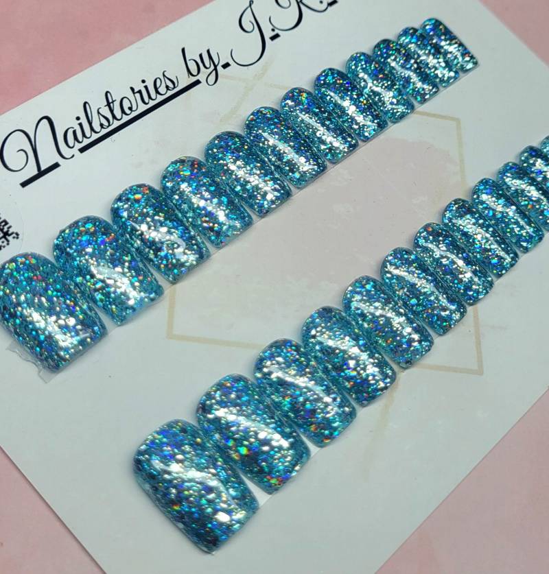 Versandfertig 24Tlg Ready To Ship Press On Nails - Short Square Blau/Irisierend Glitzer Sizingkit-Tragefertig-Made in Germany Softgel von Etsy - NailstoriesbyJK