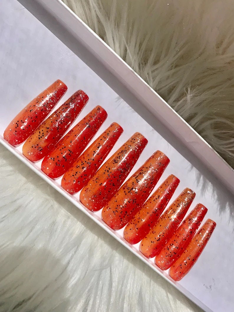 Rot Orange Ombré Glitter Press On Nails von Etsy - NayNailedItPressOns