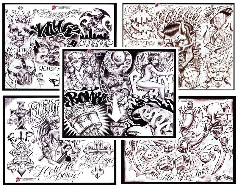 Boog Gangsta Style Tattoo Blitz Set 5 Blatt Mit Linework, Gangster, 11x14" 4 von Etsy - NeedfulThingsByMatt