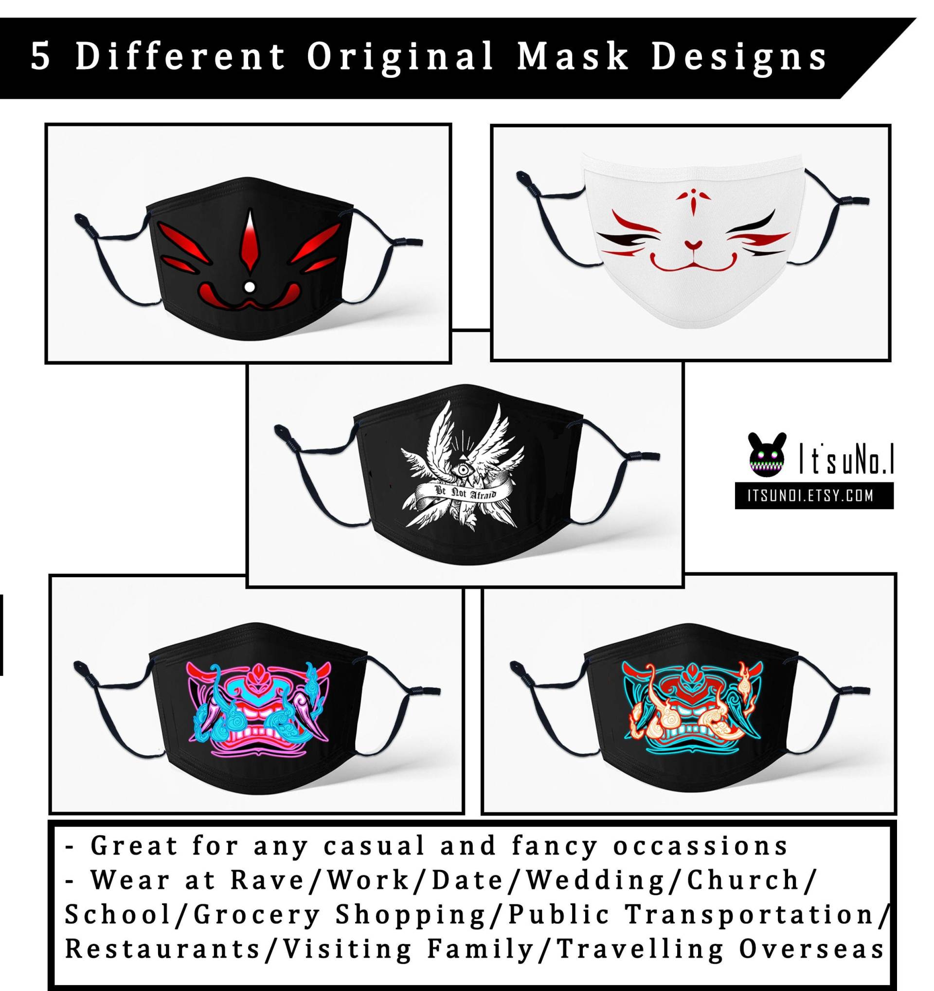 Original Design Gesichtsmaske Mit Aktivkohle Filter Oriental Anime Japanisch Inspirierte Kunstmasken Fox Kitsune Oni Mask Gesichtsbedeckung von Etsy - NeonxBaby