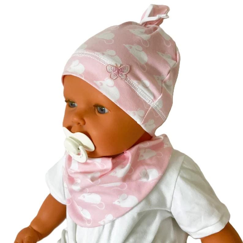 Gr. 68-74 Set Baby Halstuch Dreieckstuch Mütze Beanie Mädchen Rosa Mäuse Gr. 68-74 Set Baby Halstuch Dreieckstuch Mütze Beanie Mädchen Rosa Mäuse von Etsy - OmennyS