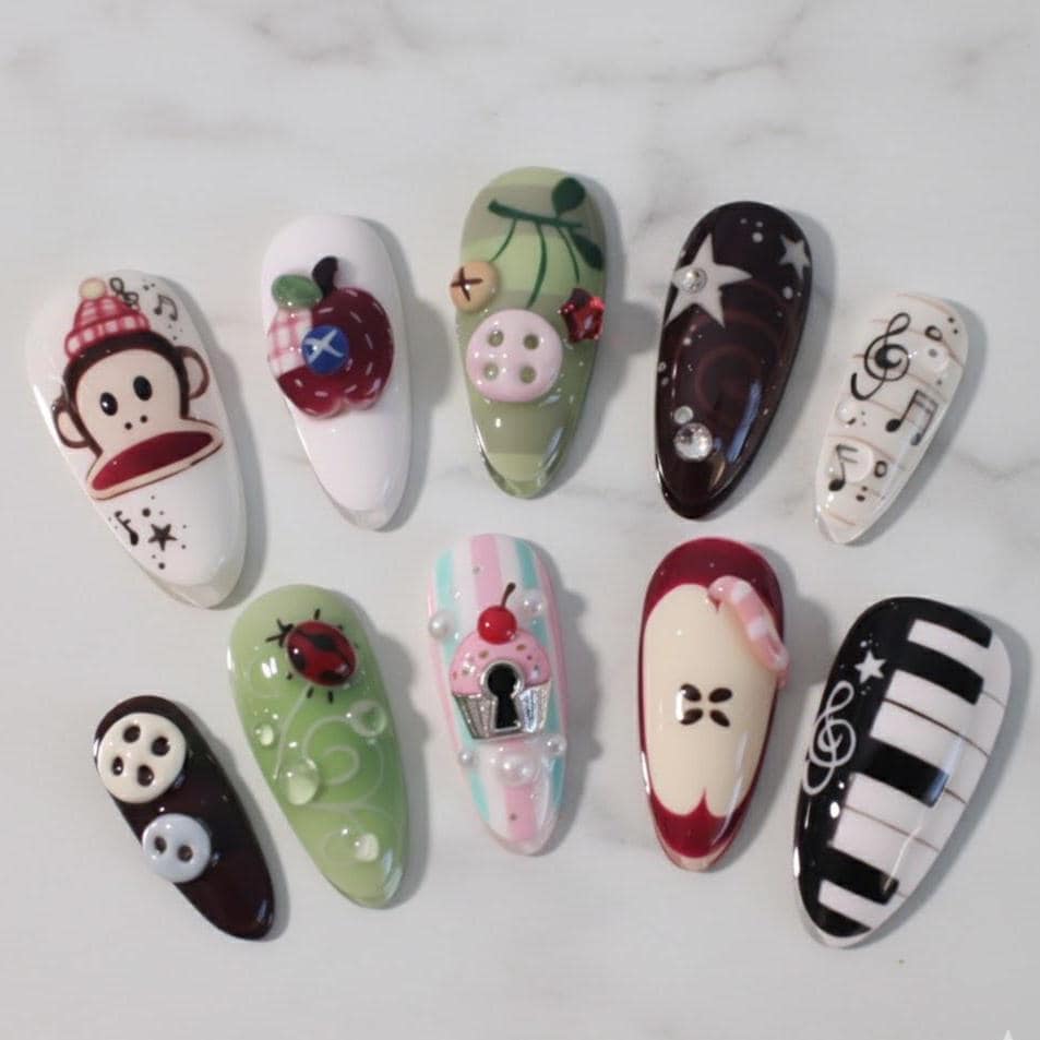 Kawaii Mix Press On Nails Monkey Apple Ladybug/3D Cupcake Music Notes Piano Keys/Red Green Brown Cute Art Kawaii Mix Press On Nails Monkey Apple Ladybug/3D Cupcake Music Notes Piano Keys/Red Green Brown Cute Art von Etsy - OneDayInMayShop