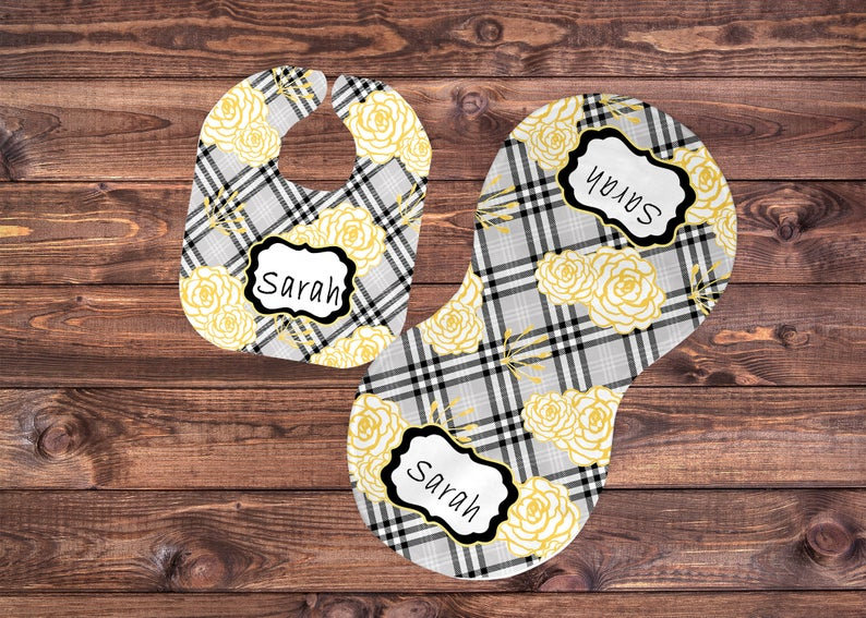 Gelbe Rose Kariertes Lätzchen Und Spucktuch Set Gelbe Rose Kariertes Lätzchen Und Spucktuch Set von Etsy - PersonalizedTouch11