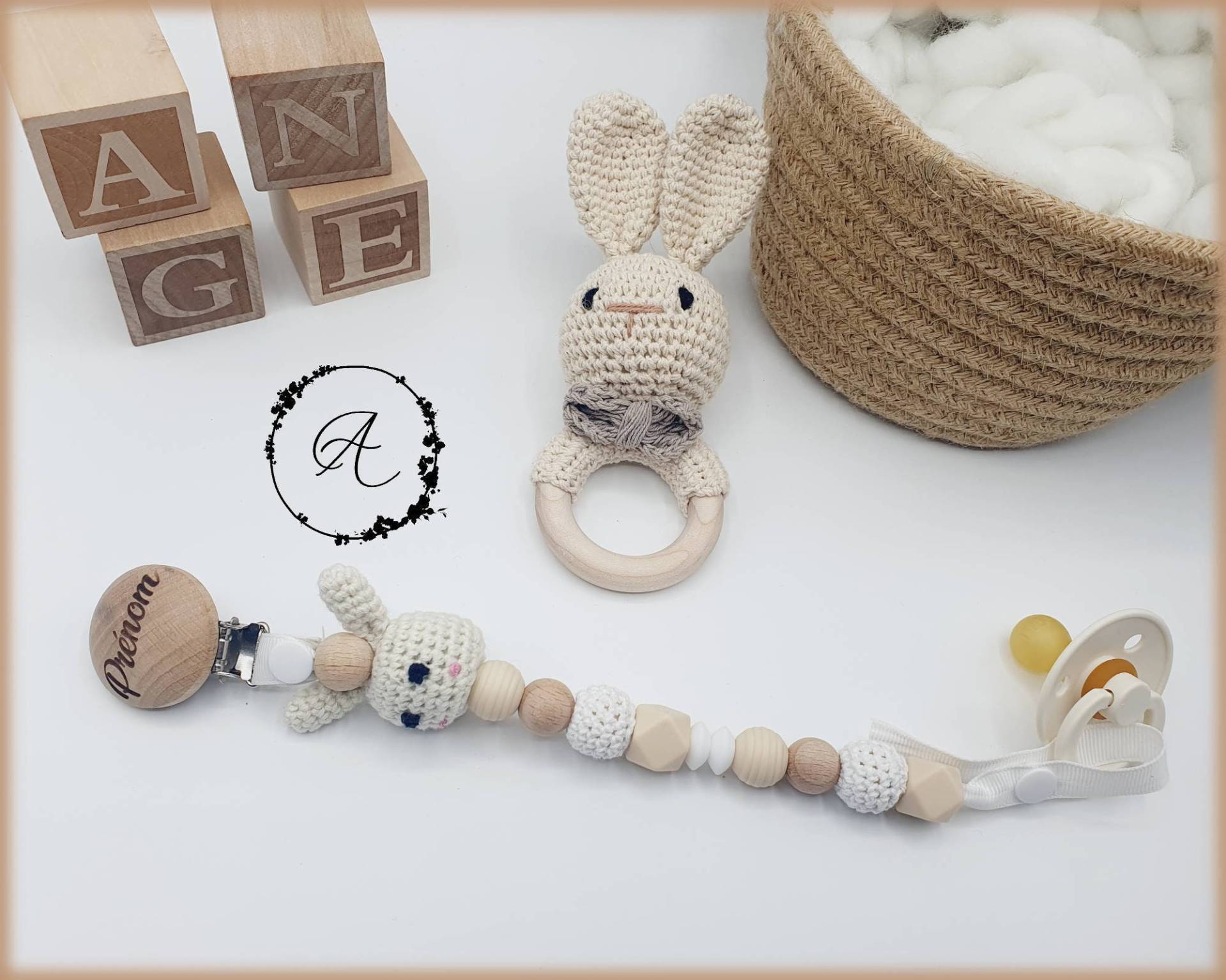 Personalisierter Schnullerclip/Vorname Geschenkspielzeug Zur Geburt Des Babys, Modell „Kaninchen-Vorname" von Etsy - PetitsTresorsDeLily