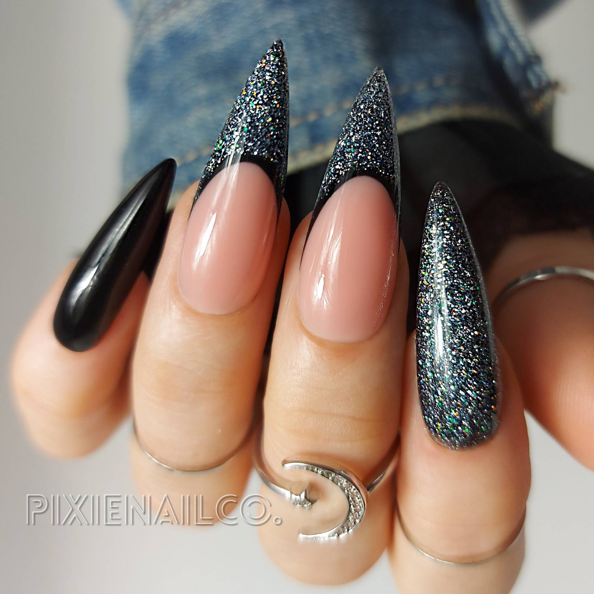 Schwarz Und Halo Silber Glitter French Tip Press On Nails, Hard Gel Ons, Luxury Custom Nails von Etsy - PixieNailCo