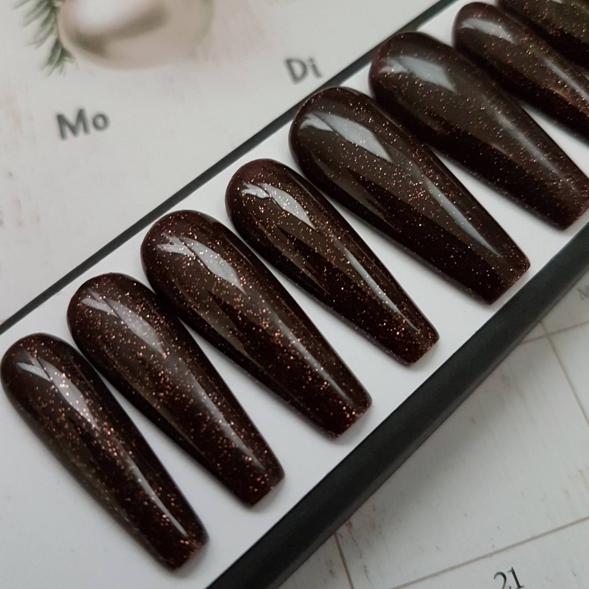 Ready To Ship Dark Brown Amber Press On Nails, Long Ballerina Nails, Amber Nails, Dark Chocolate Nails von Etsy - PressOnNailsRossi