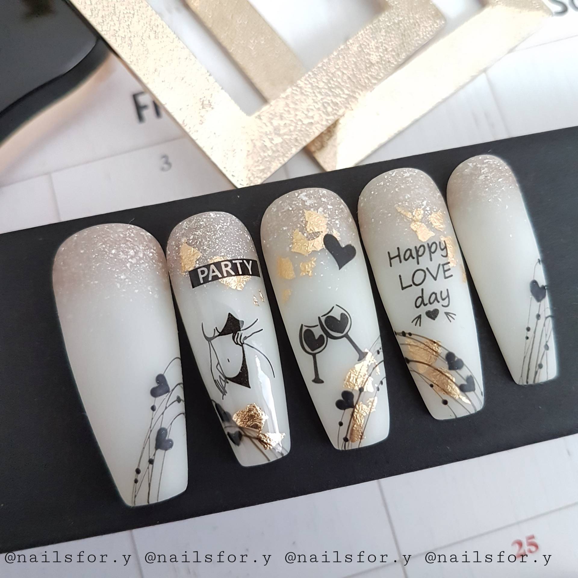 Sparkly Shades Of Gold For Valentine's Day, Milky White Nails With Black Hearts Golden Accents, Unique Nail Design, Be My Valentine von Etsy - PressOnNailsRossi