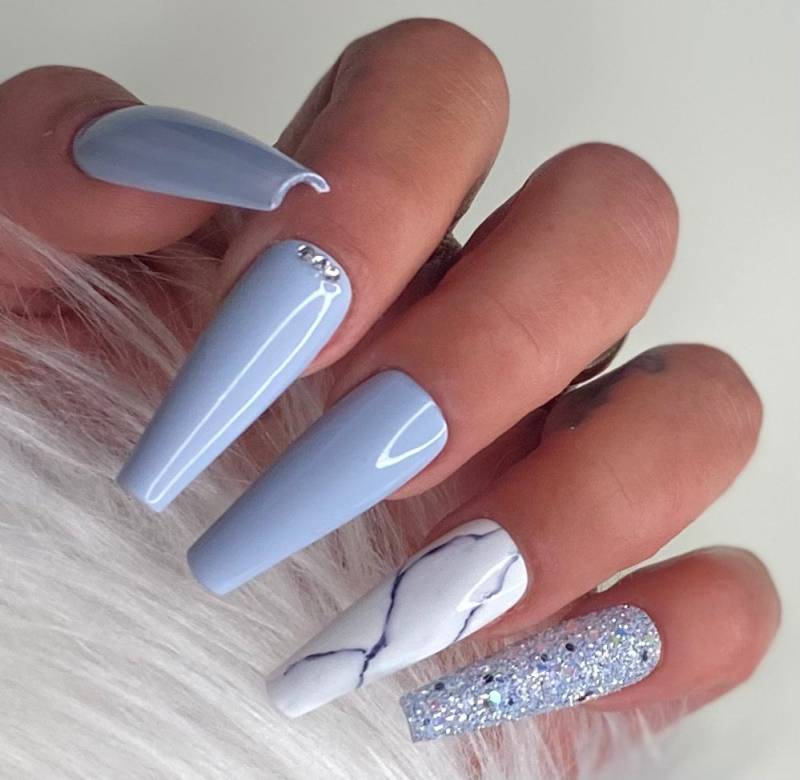 Press On Nails Marmor Weiß Blau-Grau Marble Glitzer von Etsy - PrincessNails01