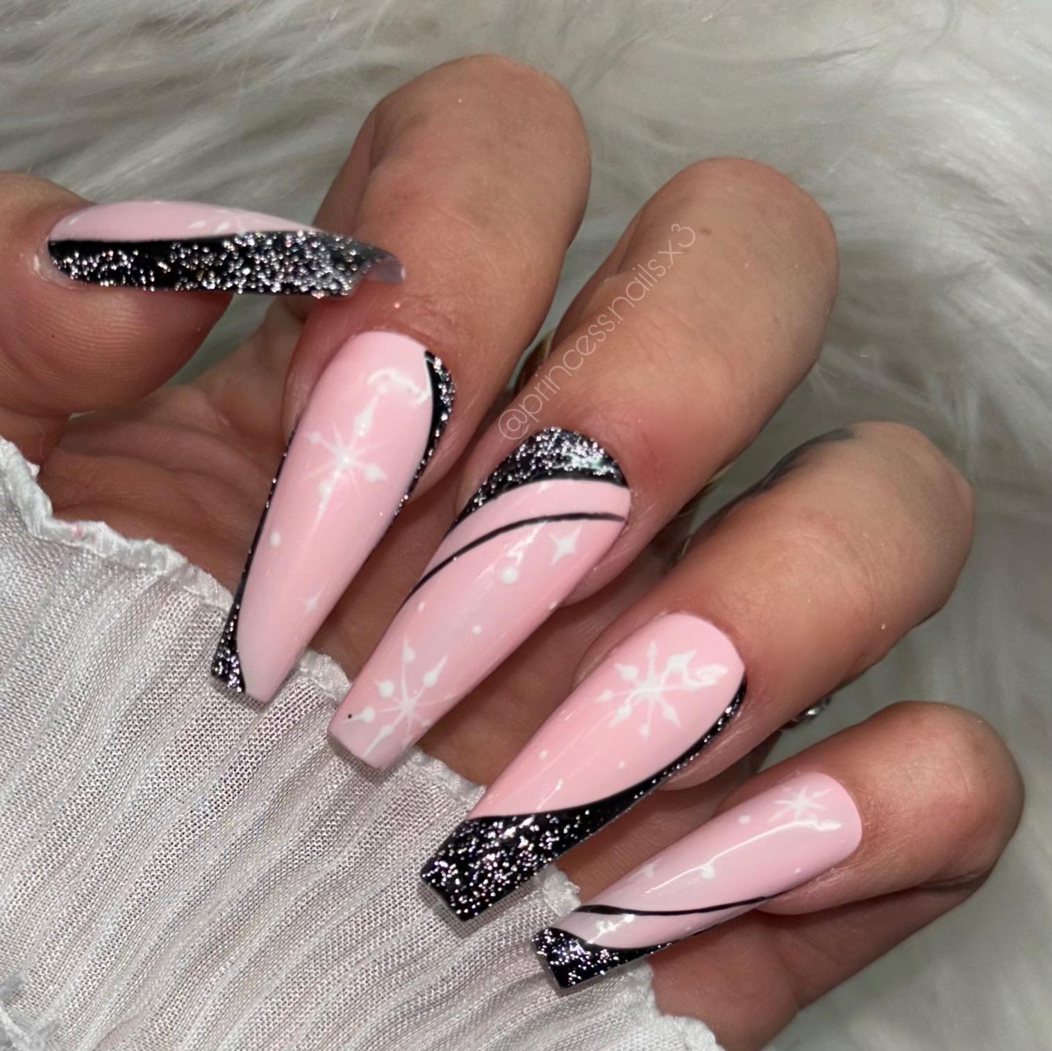 Press On Nails Winter Rosa Schwarz Glitzer Flash Schneeflocken von Etsy - PrincessNails01