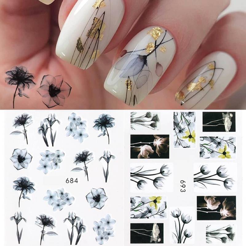 Nailart Wasser Decals Aufkleber Transfers Aquarell Frühling Sommer Rosen Blumen Floral Tulpen Farn Wild Schwarz Mono von Etsy - RachelsNailsByRachel