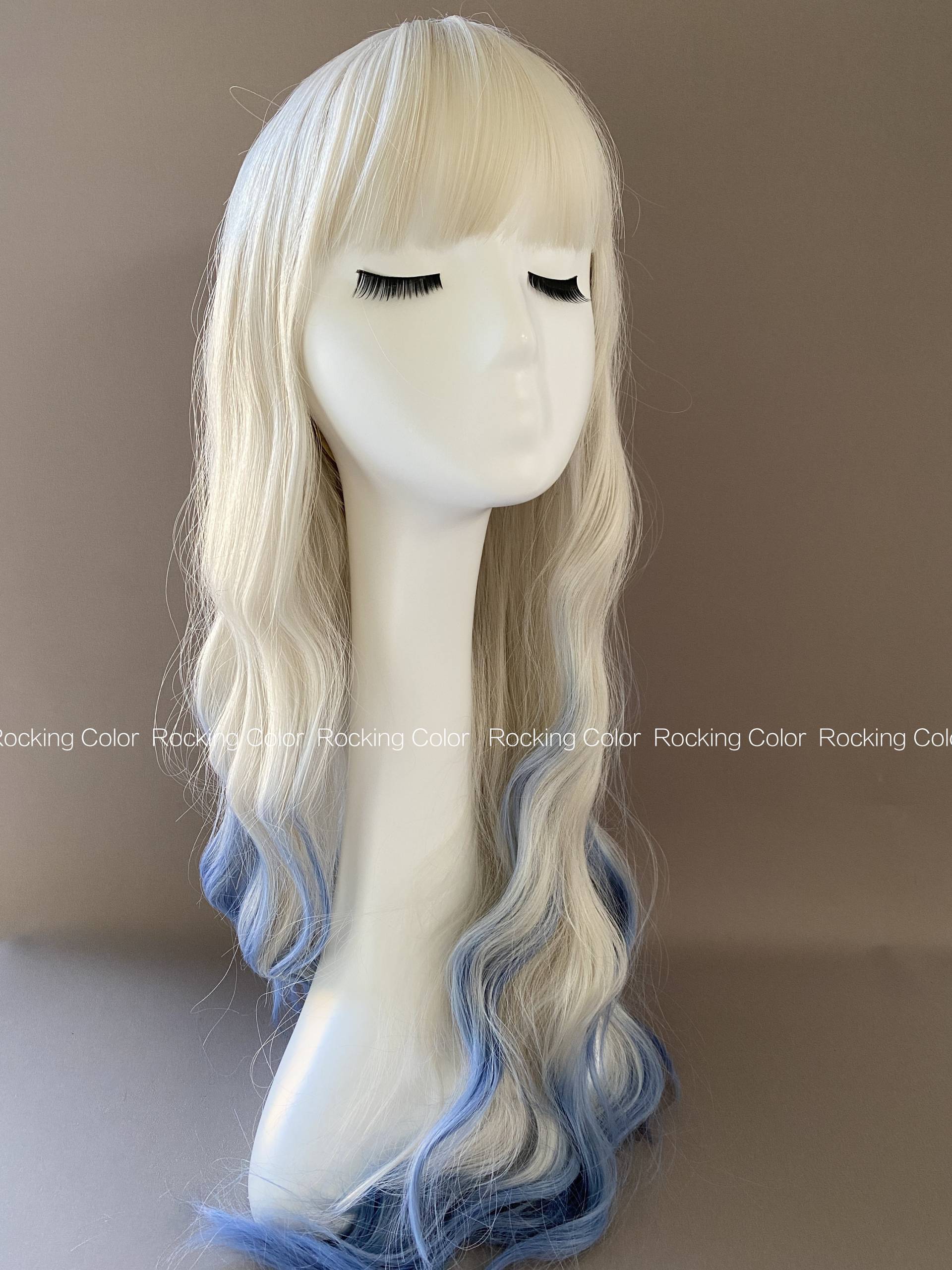 Blond Bis Blau An Den Enden Ombre Gewellte Perücke Mit Pony/26-Zoll-Lang Spitzen Fringe Perücke. Gratis Perückenkappe von Etsy - RockingColour