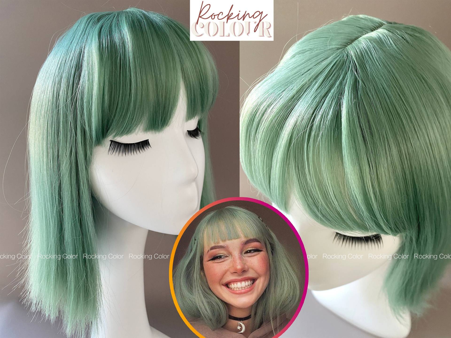 Mintgrüne Bob-Perücke Mit Pony, 10-Zoll Kurze Perücke. Gratis Perückenkappe von Etsy - RockingColour