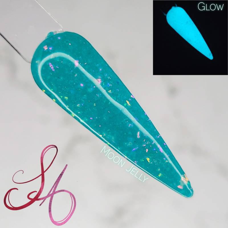 Moon Jelly Neon Teal Glow in The Dark Flakie Dip Powder von Etsy - SandADipPowders