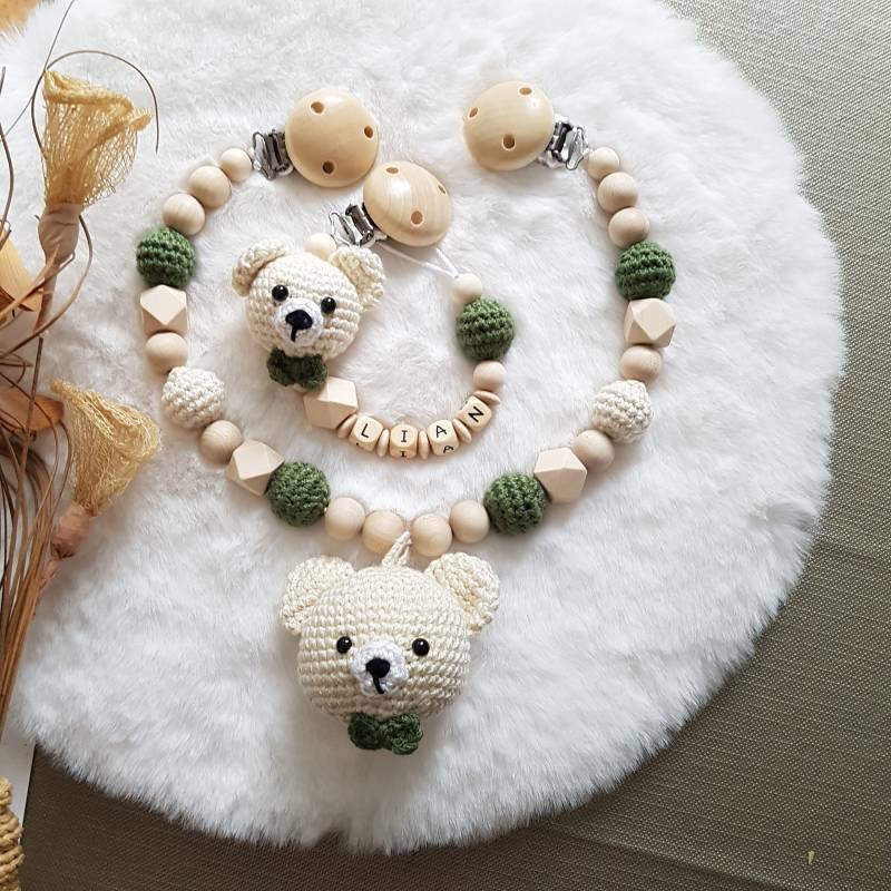 Babygeschenke Set, Schnullerkette Mit Namen, Kinderwagenkette Beige/Grün, Schnullerkette Bär, Babygeschenke Zur Geburt von Etsy - SchnullerkettenHaSi