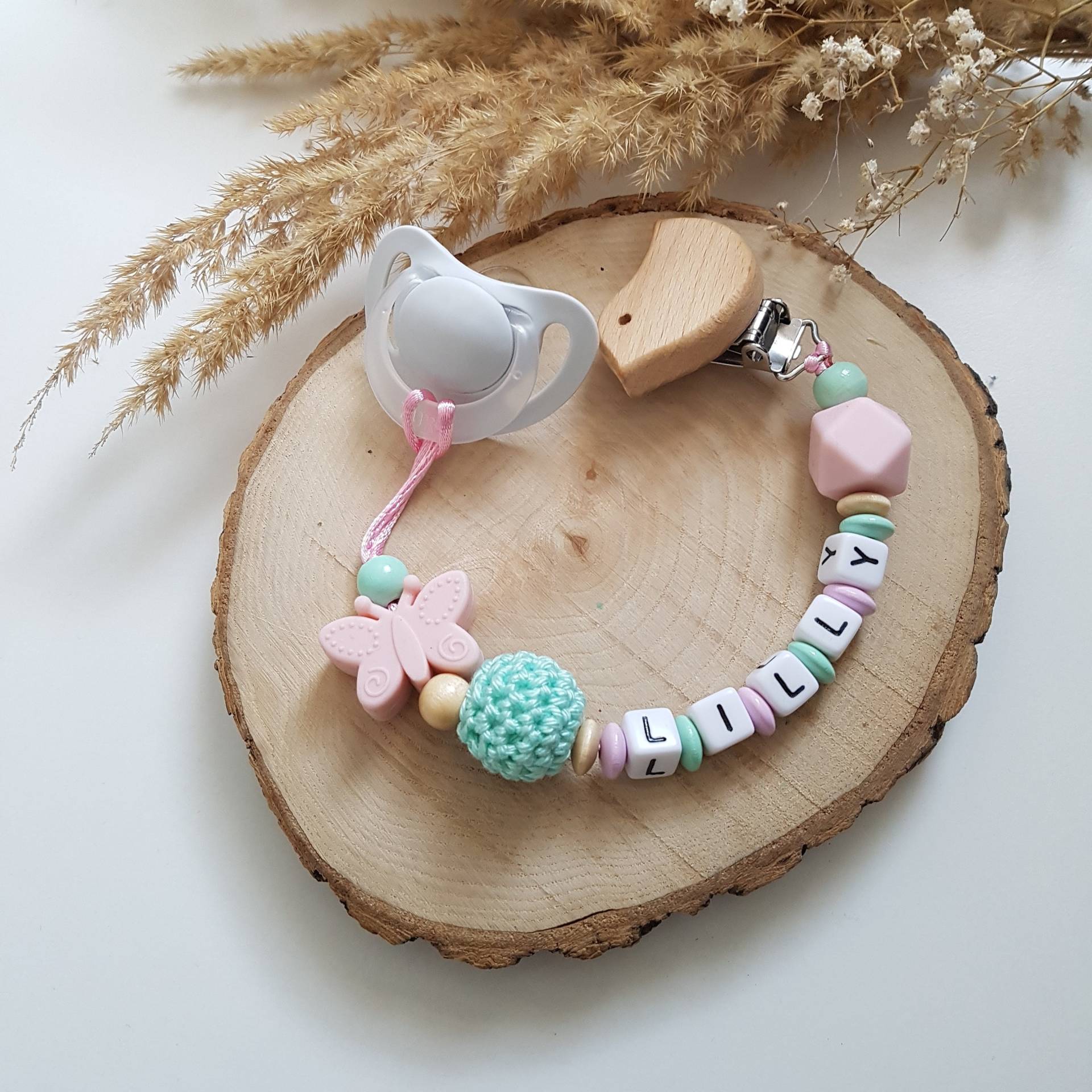 Schnullerkette Mit Namen Mädchen Schmetterling | Rosa/Mint von Etsy - SchnullerkettenHaSi