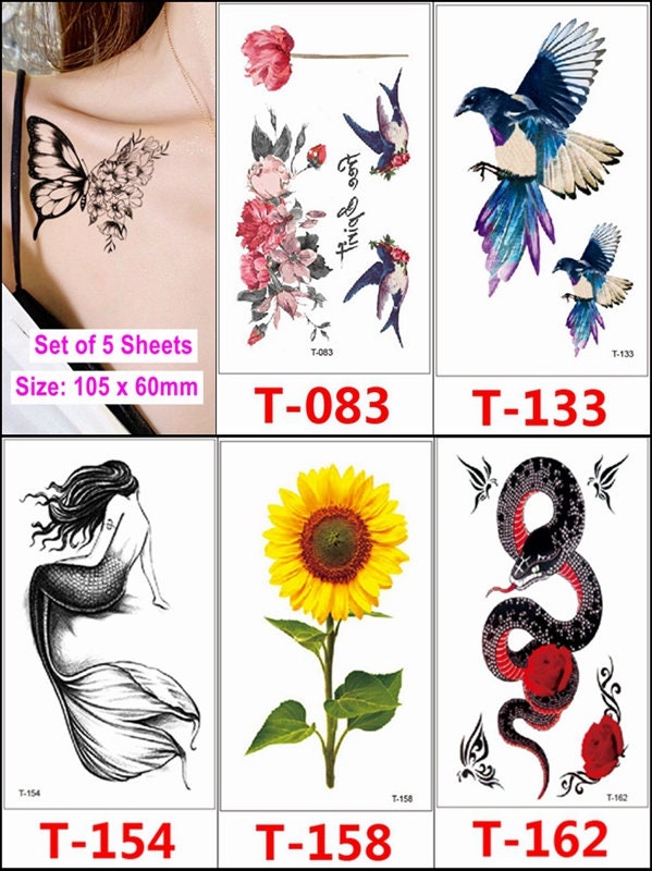 5Er Set Sonnenblumen Schlange Meerjungfrau Schwalbe Schmetterling Vogel Rose Blumen Body Taille Armhals Temporäre Tattoos Xqxseroes von Etsy - SeasonSticker