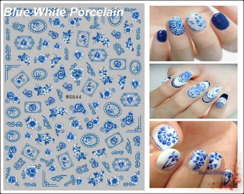 Blau Weiß Porzellan Wrap Blume Lotus Rose Fisch Asiatisch Element Selbstklebend Nagel Aufkleber Wgseries von Etsy - SeasonSticker