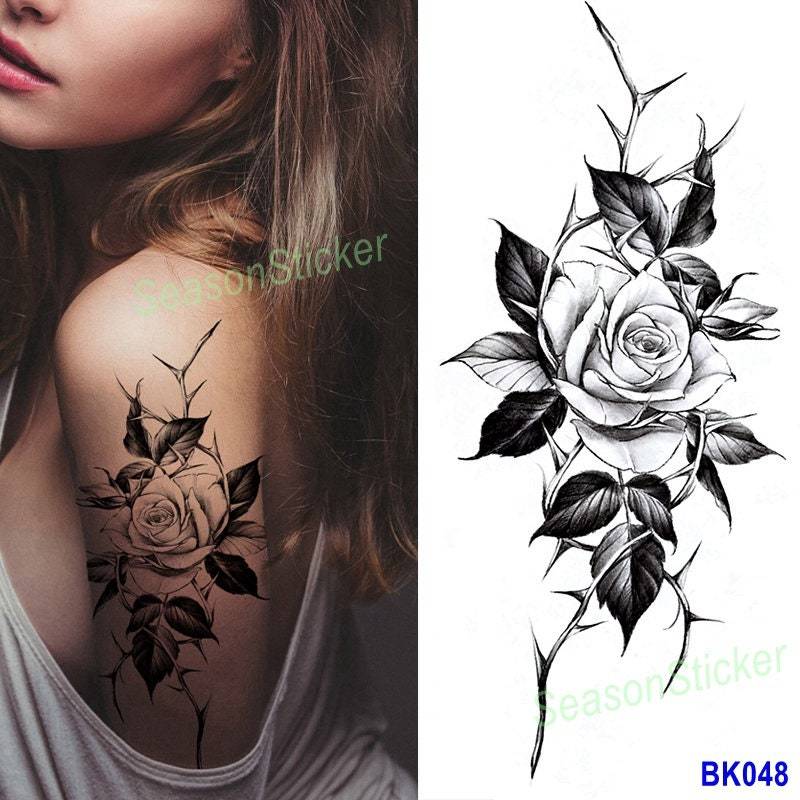 Dornige Rosen Blume Schwarz Skizze Daisy Sonnenblume Blatt Körper Taille Arm Hals Temporäre Kunst Tattoos Bkseries von Etsy - SeasonSticker