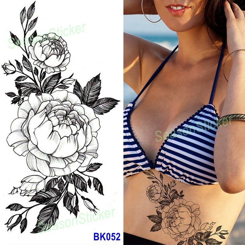 Dornige Rosen Tattoos Blume Pfingstrose Schwarz Skizze Daisy Sonnenblume Blatt Körper Taille Arm Hals Temporäre Kunst Bkseries von Etsy - SeasonSticker