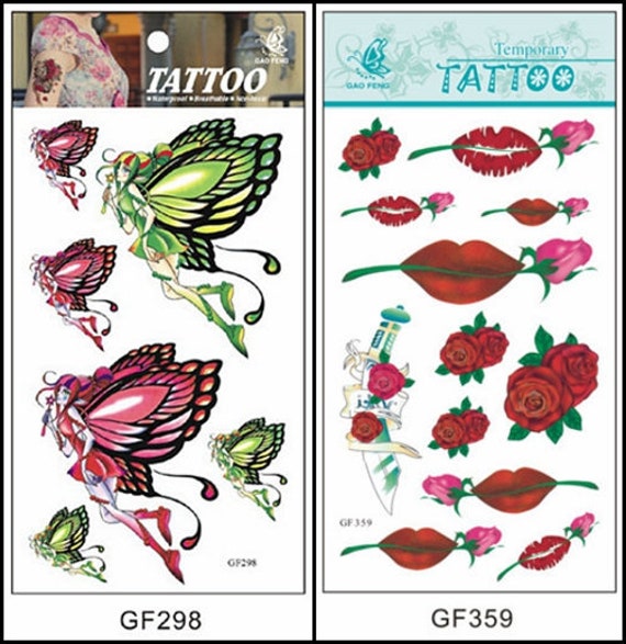 Engel Schmetterling Rote Lippen Dornen Rosen Blumen Lange Kette Körper Tattoo Gfseries von Etsy - SeasonSticker