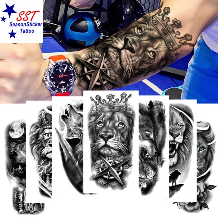 König Der Löwen Kompass Wolf Schädel Blume Drache Uhr Skeleton Hand Rose Tiger Totem Temporäre Körper Arm Kunst Tattoos Xqbseries von Etsy - SeasonSticker