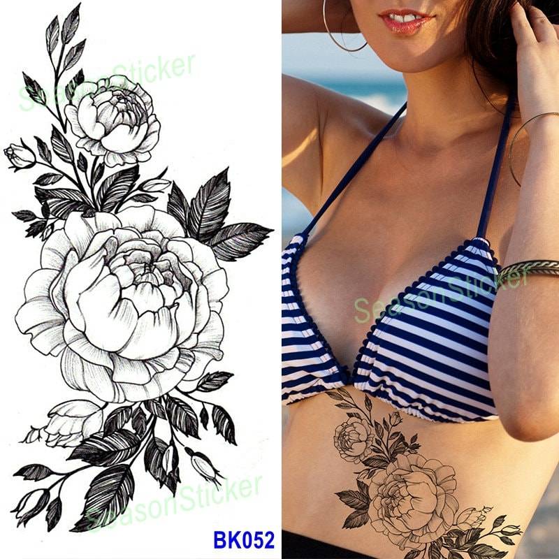 Pfingstrose Schwarz Temporäre Kunst Tattoos Dornige Rosen Blumen Daisy Sonnenblume Blatt Skizze Körper Taille Arm Hals Bkseries von Etsy - SeasonSticker