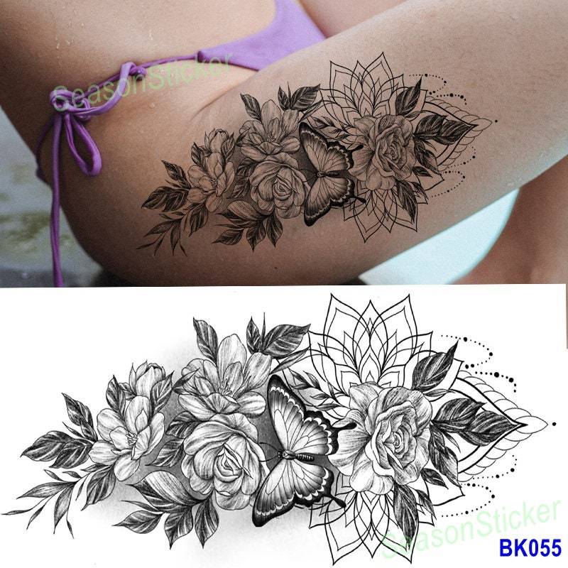 Rose Lotus Schmetterling Schwarz Skizze Schlange Halbmond Blume Daisy Sonnenblume Blatt Körper Temporäres Tattoo Design Temporäre Tattoos Bkseries von Etsy - SeasonSticker